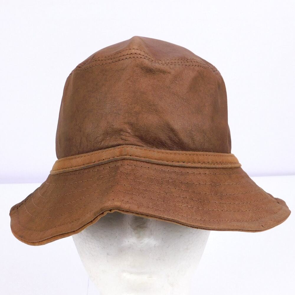 Vintage Adventure Bound Leather Bucket Hat Size S Brown Suede Interior